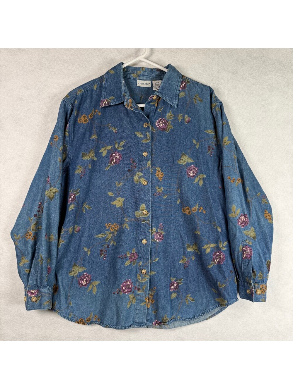 Vintage Cabin Creek Floral Print Denim Button-Up Shirt Large